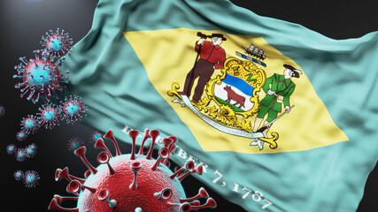 Delaware and covid pandemic - virus attacking a state flag of Delaware as a symbol of a fight and struggle with the virus pandemic in this state, 3d illustration