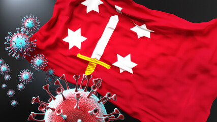 Haarlem and covid pandemic - virus attacking a city flag of Haarlem as a symbol of a fight and struggle with the virus pandemic in this city, 3d illustration