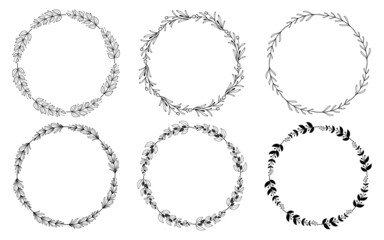 Set of hand drawn doodle round floral wreaths frames. Flower line and leaf circle frames design elements for wedding, mothers day, birthday, invitations.