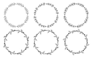 Set of hand drawn doodle round floral wreaths frames. Flower line and leaf circle frames design elements for wedding, mothers day, birthday, invitations.