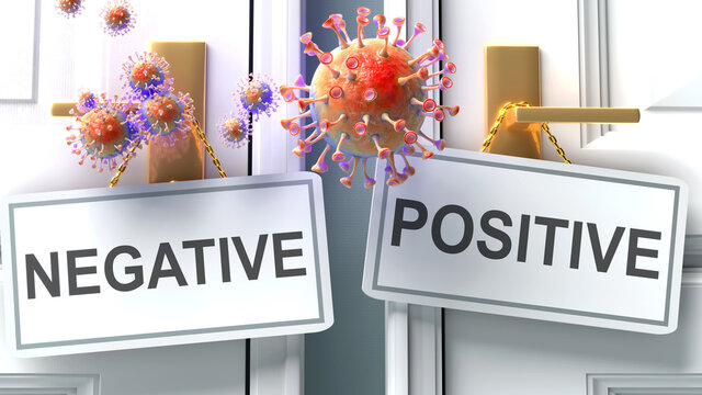 Covid negative or positive - virus pandemic outcome and two future alternatives presented as 'negative' and 'positive' door handle labels, 3d illustration