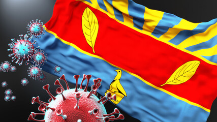 Harare and covid pandemic - virus attacking a city flag of Harare as a symbol of a fight and struggle with the virus pandemic in this city, 3d illustration