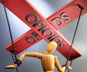 Opioids control, power, influence and manipulation symbolized by control bar with word Opioids pulling the strings (chains) of a wooden puppet, 3d illustration
