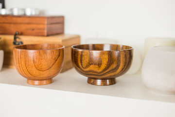 Wood bowls. Food background for menu and recipe or restaurant. Table setting