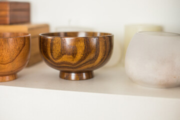 Wood bowls. Food background for menu and recipe or restaurant. Table setting
