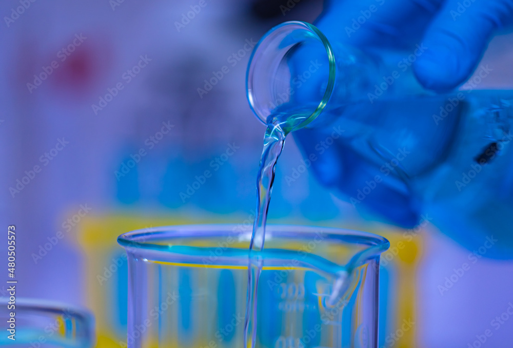 Wall mural Closeup studio shot of blue solution reagent liquid sample pouring from Erlenmeyer flask into glass beaker by scientist hand wearing safety rubber gloves in front of blurred test tube rack background