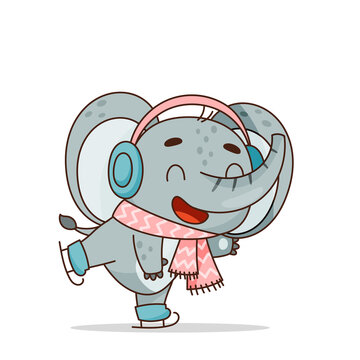 Cute elephant is skating. Ice rink, scarf, headphones. Vector illustration for designs, prints and patterns.