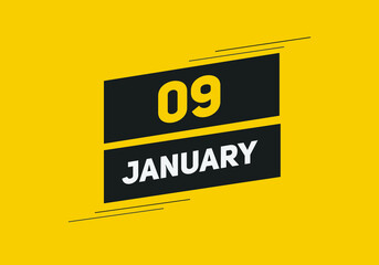 January 09 text calendar reminder. 9th January daily calendar icon template