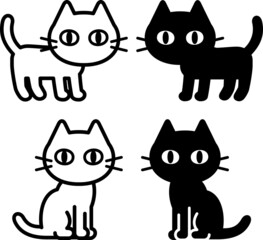 シンプルな白猫と黒猫のイラストセット