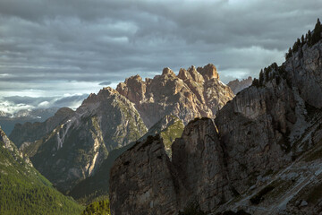 Italian dolomite alps panorama in early morning, Sudtirol, Trentino