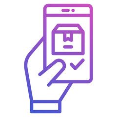 Mobile Apps Delivery cardboard, smartphone and hand line gradient icon
