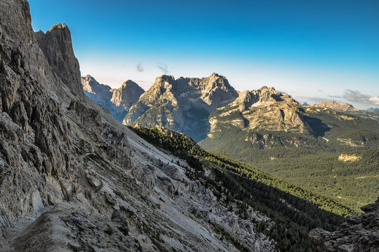 Cadini di Misurina and alpine mountain path Bonacossa, Italy, Trentino