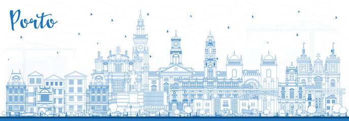 Outline Porto Portugal City Skyline with Blue Buildings.