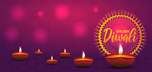 Website header or banner design with realistic oil lamp on purple background for Diwali Festival celebration.