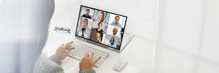 Virtual Hybrid Meeting In Office - obrazy, fototapety, plakaty