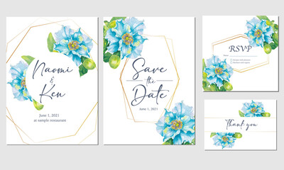Naklejka premium Set of wedding invitation template with hand painted watercolor blue poppy flowers, for invitation card, save the date, thank you, rsvp 