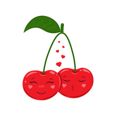 Illustration of a pair of cherry berries in love. Illustration for Valentine's Day. Cute cherry berries with hearts. Vector image.