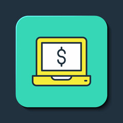 Filled outline Laptop with dollar icon isolated on blue background. Sending money around the world, money transfer, online banking, financial transaction. Turquoise square button. Vector