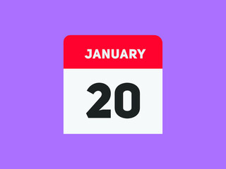 January 20 text calendar reminder. 20th January daily calendar icon template
