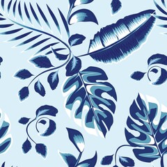 Fototapeta na wymiar Summer themed seamless tropical pattern with bright leaves and plants on light background. Modern abstract design for fabric, paper, interior decor. Summer colorful hawaiian. Exotic tropics design