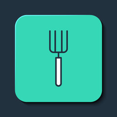 Filled outline Garden pitchfork icon isolated on blue background. Garden fork sign. Tool for horticulture, agriculture, farming. Turquoise square button. Vector