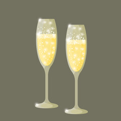 Vector illustration of two glasses of champagne on a gray background.
