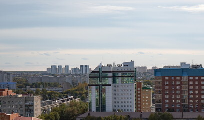 Fototapeta na wymiar Beautiful view of the city from the height of Tsvetnoy Boulevard of Tyumen in autumn