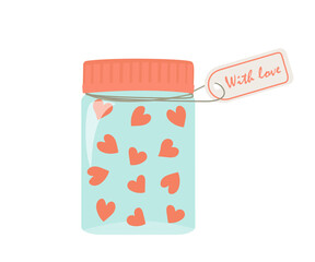 Vector illustration of a glass jar with hearts. Day of Saint Valentine.