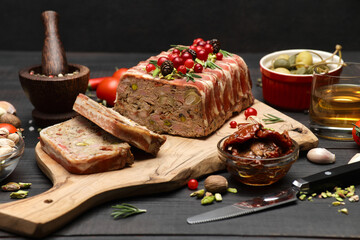 Traditional French terrine covered with bacon on dark wooden background