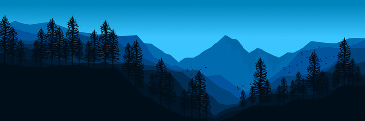 Fototapeta premium blue morning mountain flat design vector banner template good for web banner, ads banner, tourism banner, wallpaper, background template, and adventure design backdrop