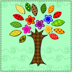 Patchwork pattern with a flowering tree