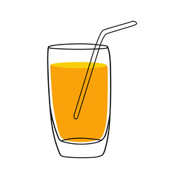 Orange juice glass with a straw in doodle style. Vector illustration.