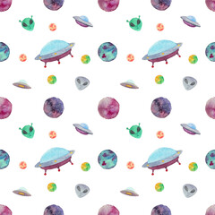 Watercolor hand-drawn seamless pattern ufo theme.  Design for fabrics, textiles, paper, wallpaper, napkins, web pages, kids' things
