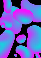 Abstract multicolor liquid pattern. Colorful fluid overlapping shapes on black background. Glowing pink and blue neon lights illustration.