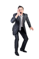 Businessman announcing news and shouting in studio