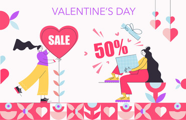 Women with Valentine's Day gifts. Poster, banner for Valentine's Day sale, promotion, discount. Abstract geometriс modern template or background for promotion and shopping valentine's day sale vector 