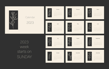Calendar template for 2023. Horizontal design with botanical line art. Desk or wall calendar. Editable illustration page template A5 set of 12 months with cover. Vector mesh. Week starts on Sunday.