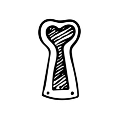 Hand drawn doodle keart keyhole. Vector love clipart. Outline.