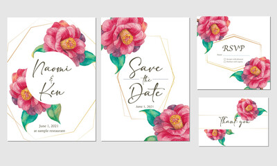 Set of wedding invitation template with hand painted watercolor camellia flowers, for invitation card, save the date, thank you, rsvp
