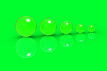 Five glass balls of different sizes of Neon Green color on Neon Green background. Growth of something. Progress. Horizontal image. 3D image. 3D rendering.