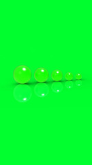 Five glass balls of different sizes of Neon Green color on Neon Green background. Growth of something. Progress. Vertical image. 3D image. 3D rendering.