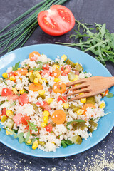 Fresh salad with couscous and vegetables as best nutritious food for dieting and slimming. Source vitamins and minerals