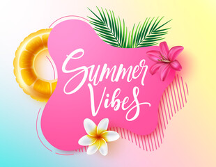 Summer vector template design. Summer vibes text in pink abstract space with flowers, floater and palm leaves for tropical season and pastel background decoration. Vector illustration.
