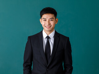 Portrait studio shot of Asian young professional successful male teacher in black formal suit and...