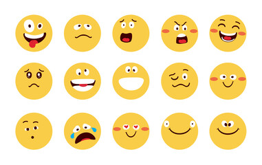 Emojis character vector set design. Emoji flat in yellow faces with happy, funny and angry facial expressions for cartoon emoticon reaction collection. Vector illustration.
