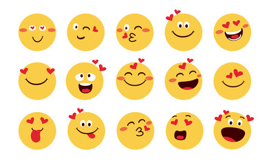 Emoji in love vector set design. Emojis emoticon with in love, blushing and happy face reaction isolated in white background for valentine emoticons character collection. Vector illustration.
