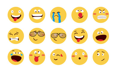 Emoji characters vector set design. Emoticon flat emoji faces with funny, cool, crazy and angry facial emotion in yellow circle for emoticons cartoon character collection. Vector illustration.
