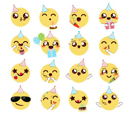 Kawaii birthday emojis vector design. Birth day emoji faces in happy facial expression with party hats, gifts and cake element for cute celebration character collection. Vector illustration.
