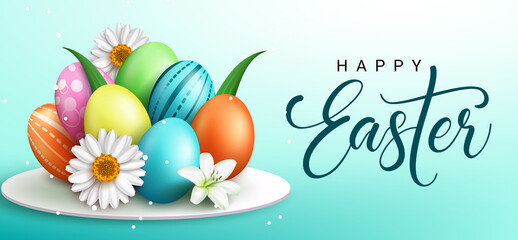 Easter eggs season vector design. Happy easter text with bunch of colorful egg pattern, daisy flower and leaves element in blue background for seasonal holiday celebration greeting.