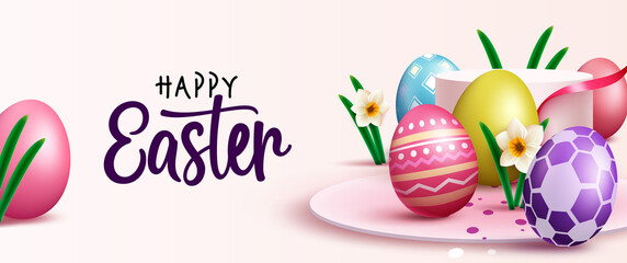 Easter eggs vector background design. Happy easter text with 3d realistic eggs in colorful and abstract pattern for holiday season ornament decoration. Vector illustration.
